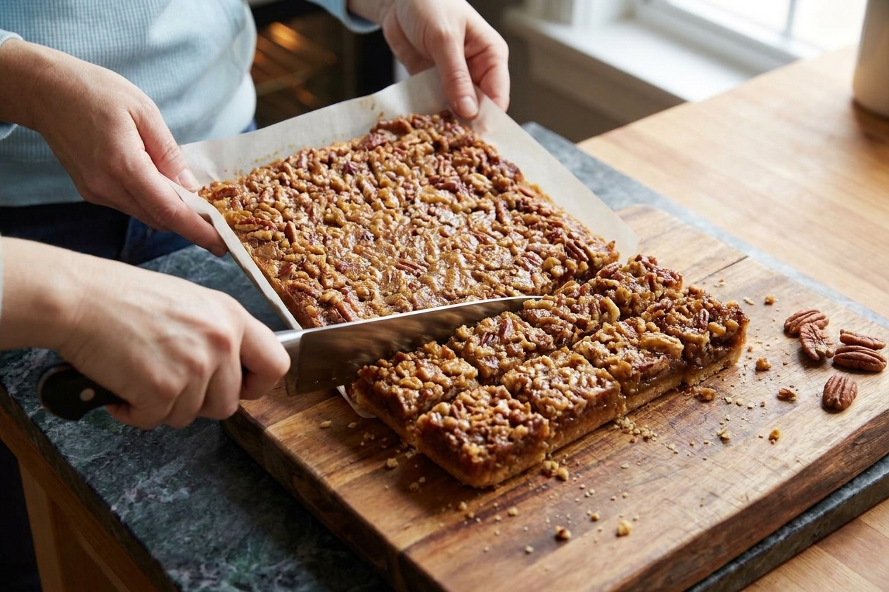 Pecan pie bars lifted from the pan in one slab using parchment paper and sliced into even squares on a wooden cutting board.