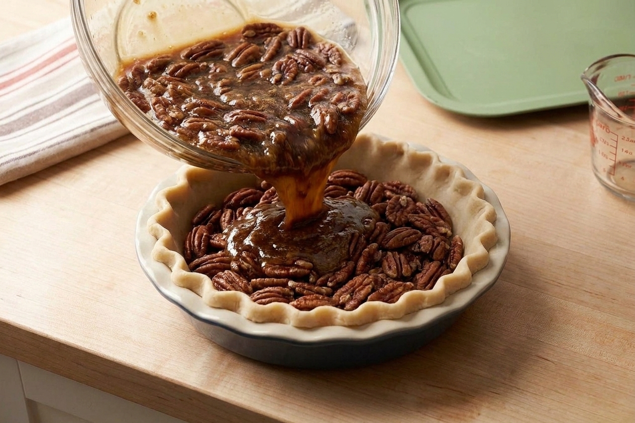 Pecan pie filling being poured from a mixing bowl into an unbaked pie crust filled with toasted pecans on a kitchen counter