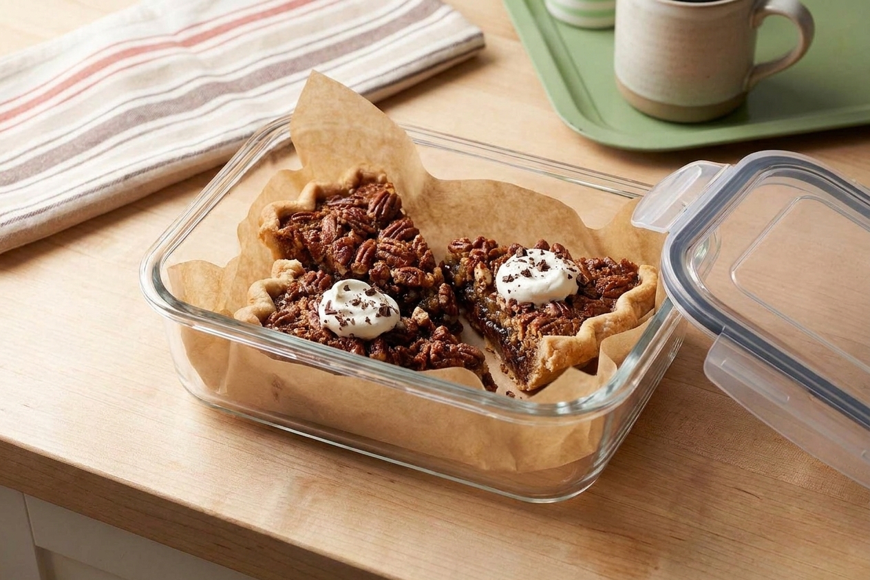 Pecan pie slices arranged in an airtight container lined with parchment on a kitchen counter