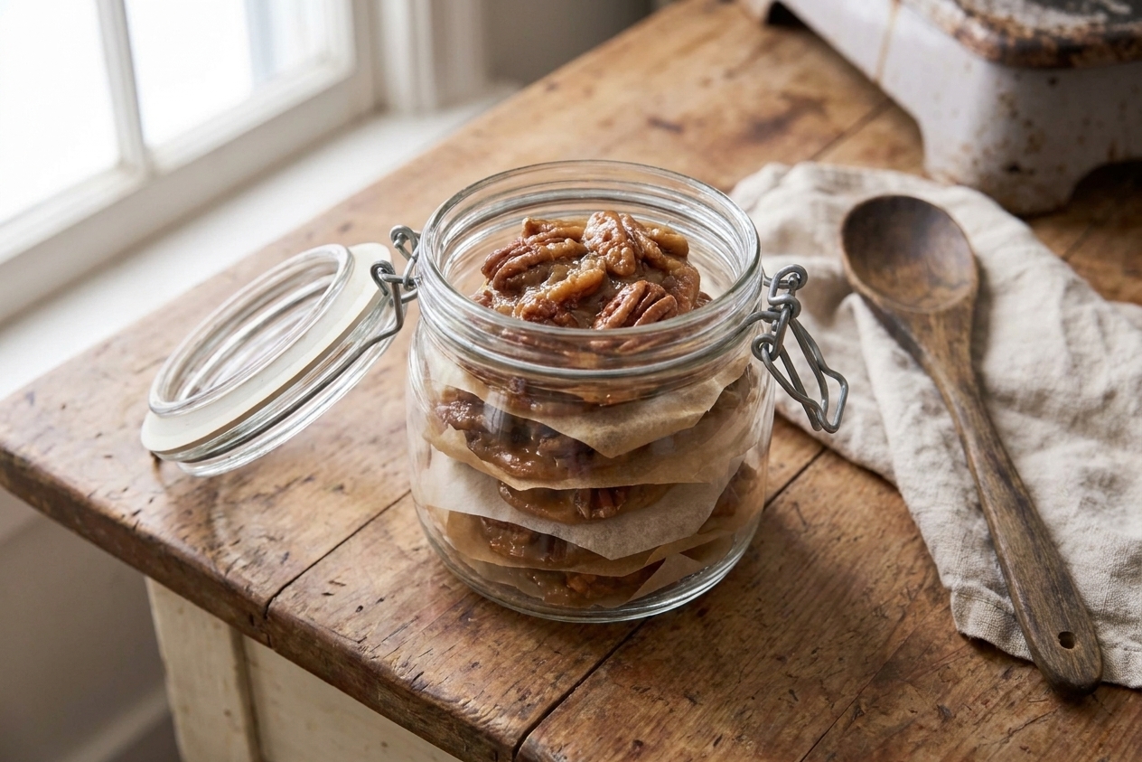 Pecan pralines stacked in an airtight container with parchment paper between layers on a kitchen counter