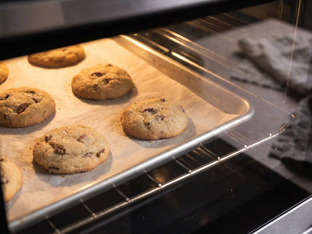 Pecan sandies cookies baking on a parchment-lined sheet pan in a home oven