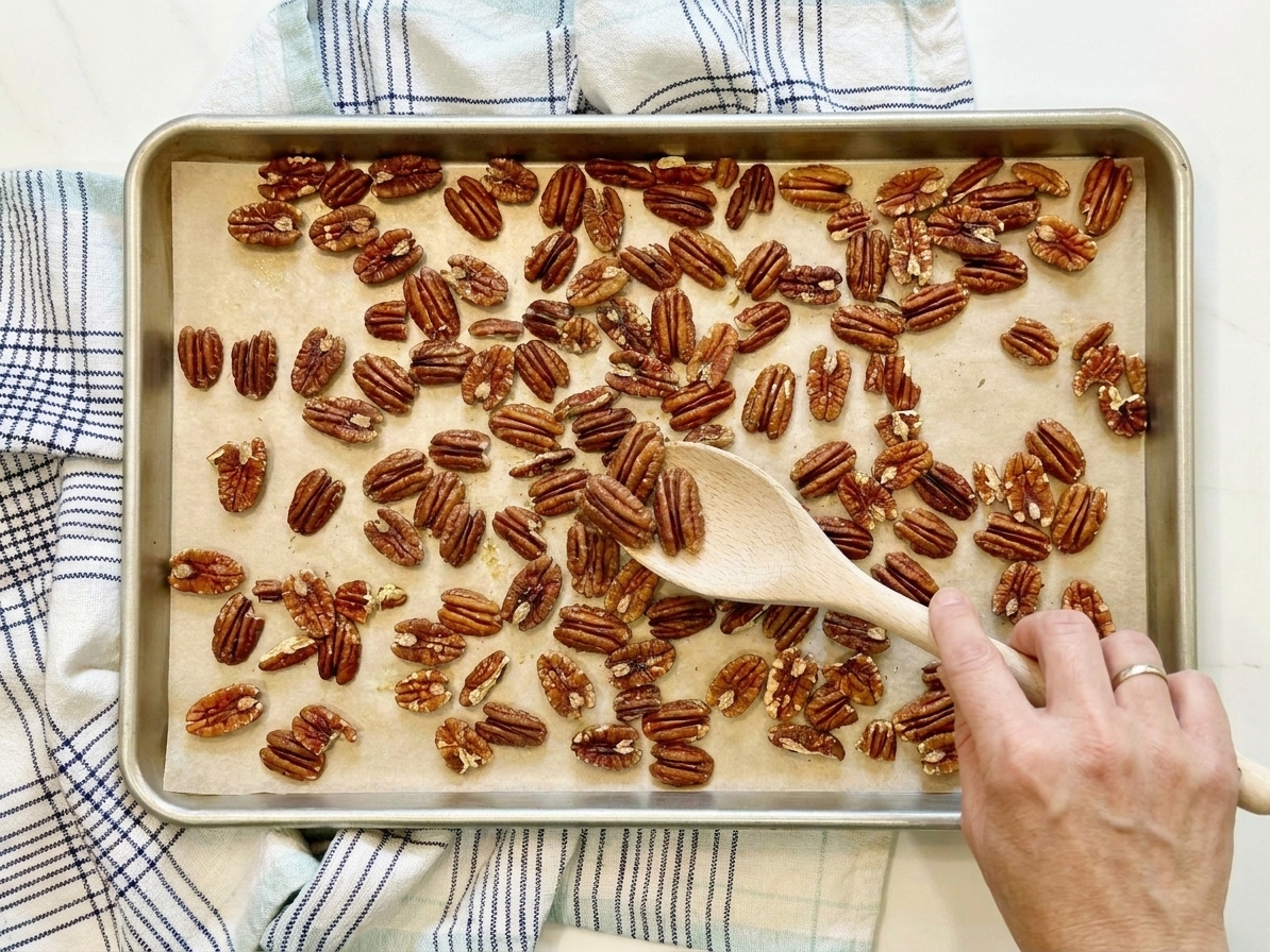 Pecans being stirred and re-spread with a spatula halfway through roasting on a baking sheet