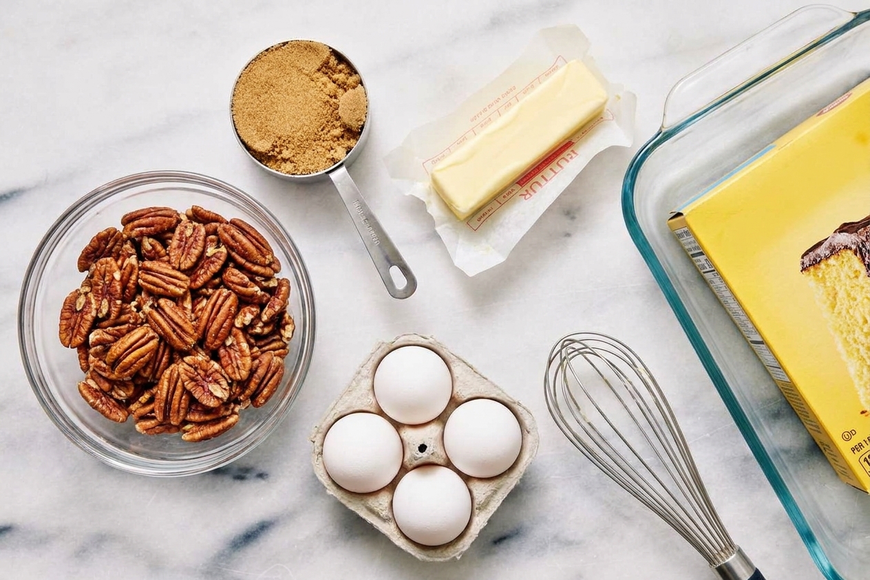 Pecans, brown sugar, butter, eggs, and a box of yellow cake mix arranged on a clean kitchen counter with a 9x13 baking dish nearby