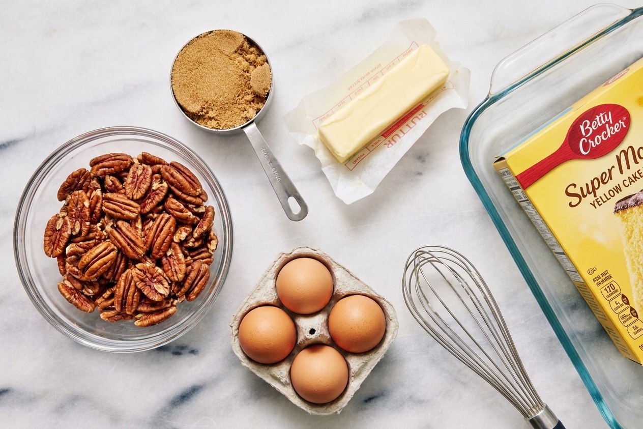 Pecans, brown sugar, butter, eggs, and a box of yellow cake mix arranged on a clean kitchen counter with a 9x13 baking dish nearby