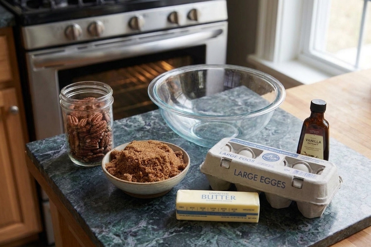 Pecans, brown sugar, butter, eggs, and vanilla set out on a kitchen counter before baking.