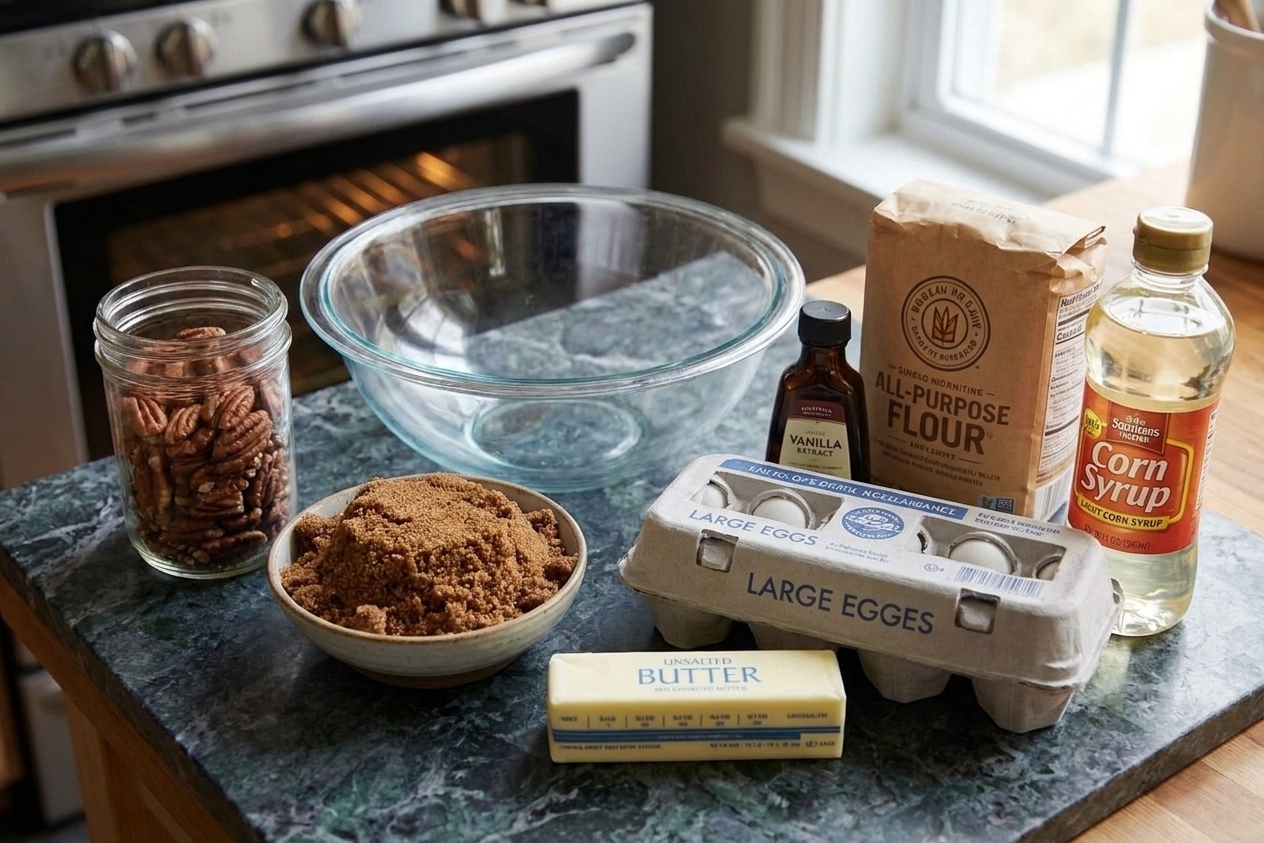 Pecans, brown sugar, butter, eggs, vanilla, flour, and corn syrup arranged on a kitchen counter with a mixing bowl nearby.
