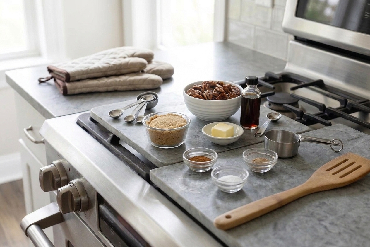 Pecans, brown sugar, butter, vanilla, cinnamon, and salt measured on a bright kitchen counter, ready for cooking