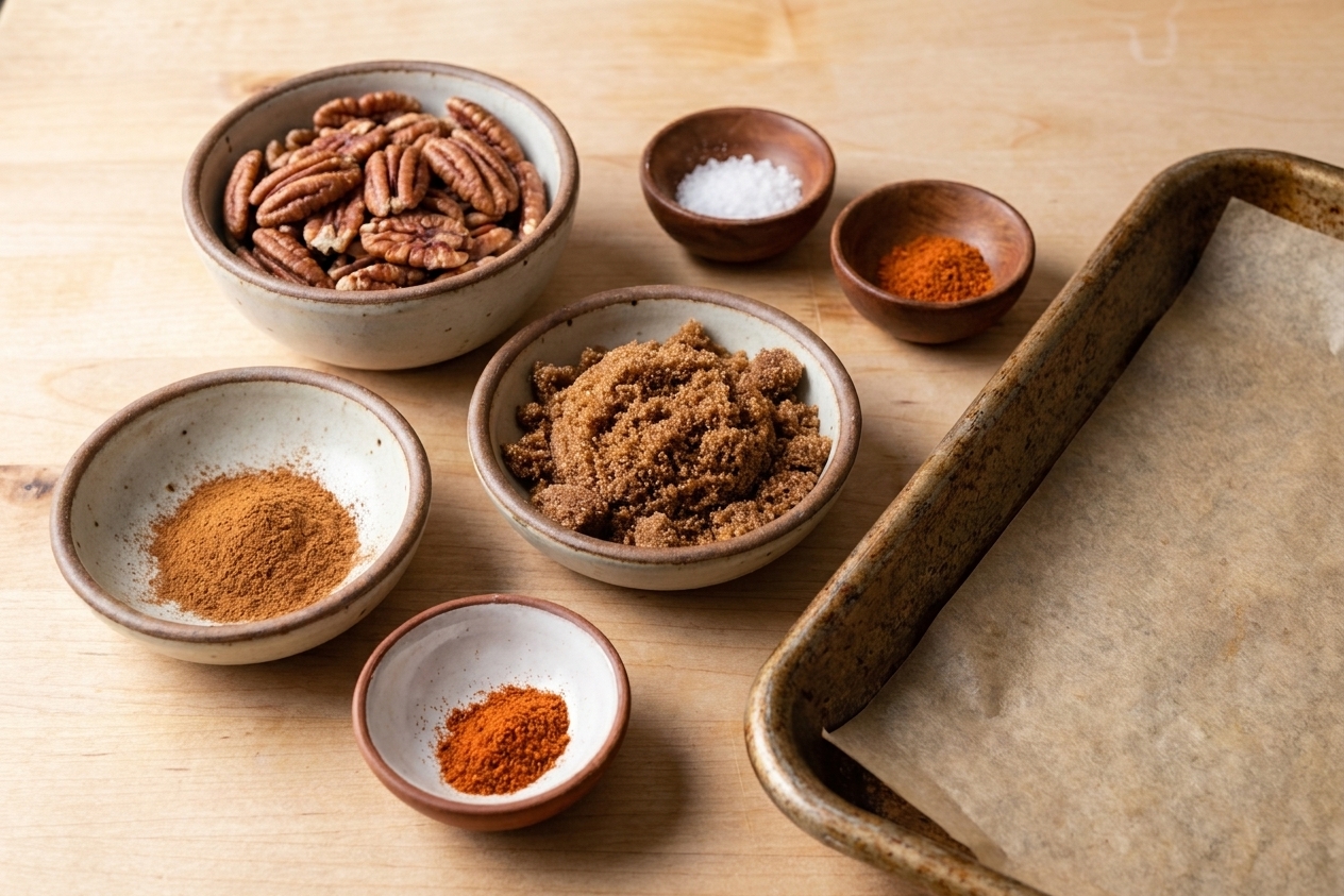 Pecans, brown sugar, cinnamon, salt, and cayenne measured out in small bowls on a kitchen counter with a sheet pan nearby