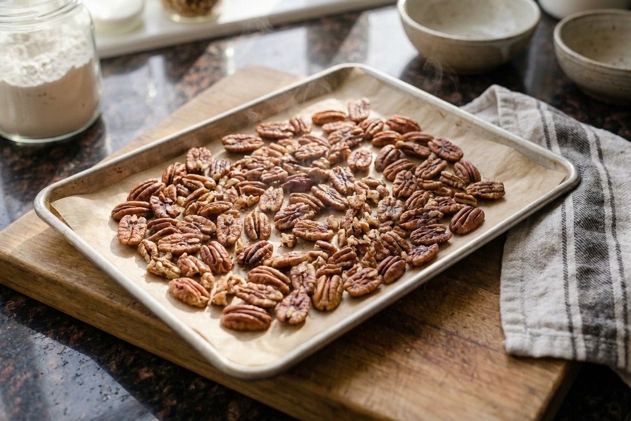 Pecans spread in a single layer on a baking sheet just after toasting in the oven