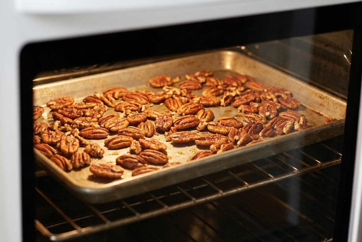 Pecans spread on a rimmed baking sheet halfway toasted in an oven, golden and fragrant looking