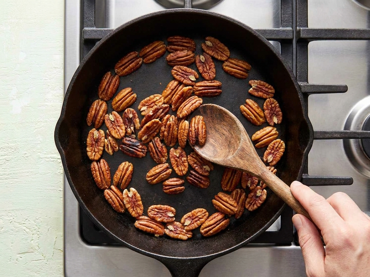 Pecans toasting in a dry skillet on a stovetop with a wooden spoon stirring them