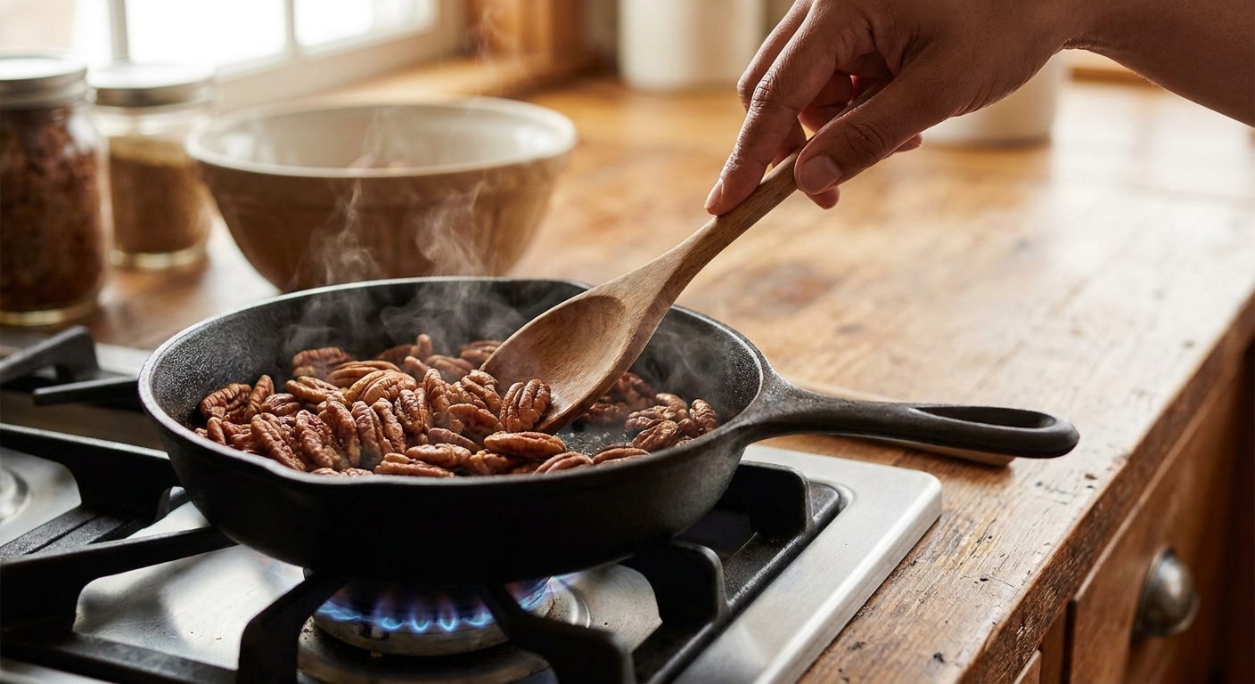 Pecans toasting in a small skillet on a stovetop with a wooden spoon nearby in a warm, home kitchen setting