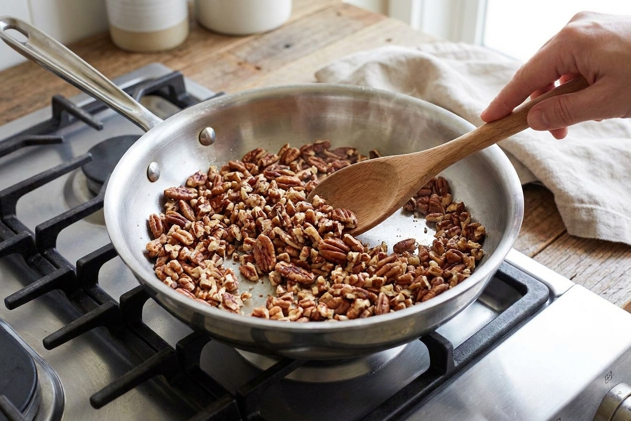 Pecans toasting in a stainless steel skillet on a stovetop, with a wooden spoon stirring them