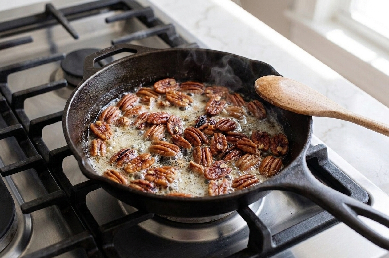 Pecans toasting in melted butter in a small skillet on a stovetop, with golden pieces and glossy surfaces