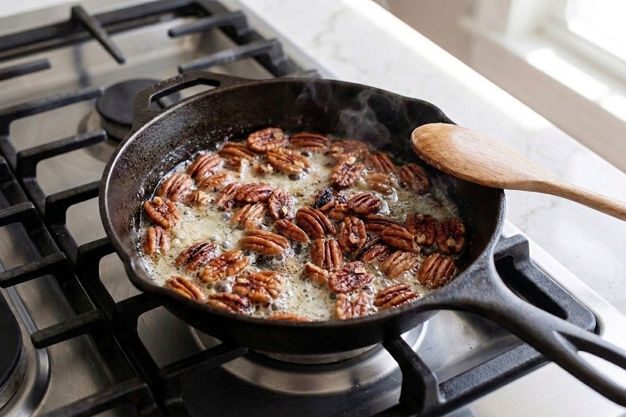 Pecans toasting in melted butter in a small skillet on a stovetop, with golden pieces and glossy surfaces