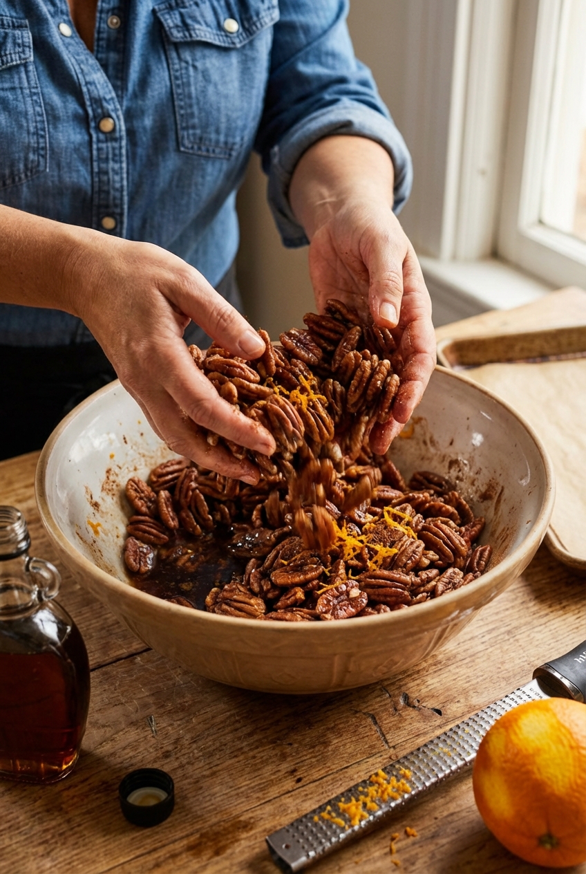Pecans tossed in a bowl with maple syrup, spices, and orange zest before baking