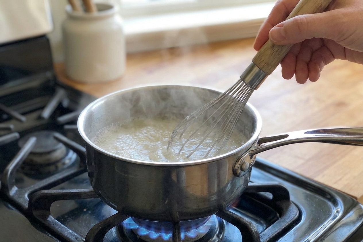 Pectin and water boiling in a small saucepan on a stovetop while being whisked