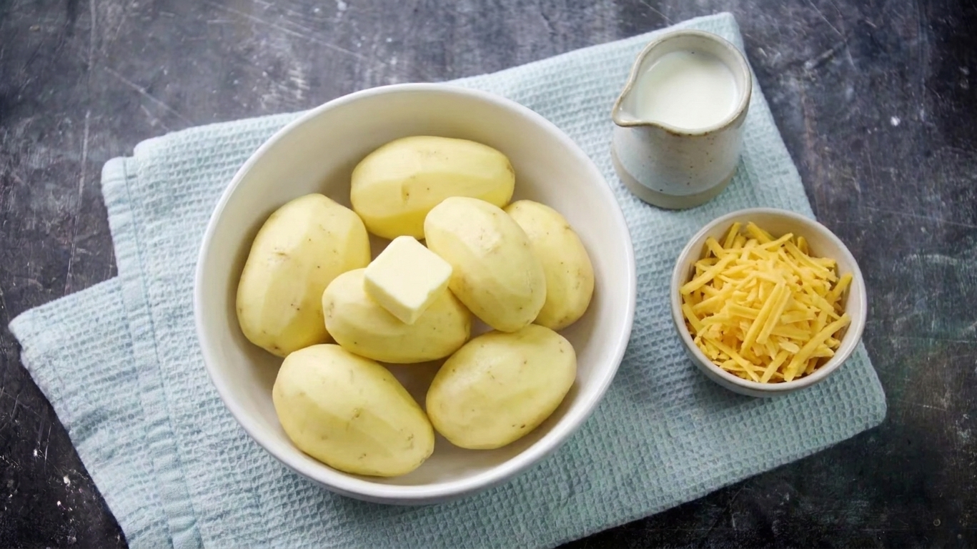 Peeled Yukon Gold potatoes beside butter, a small pitcher of milk, and a bowl of shredded cheddar, ready for mashing