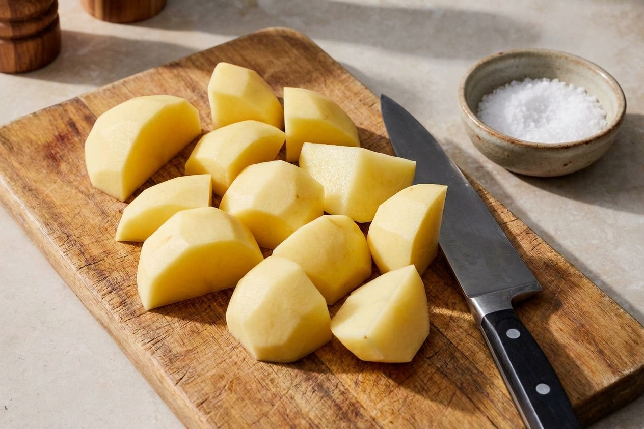 Peeled Yukon Gold potatoes cut into chunks on a wooden cutting board with a chef’s knife and a bowl of kosher salt nearby