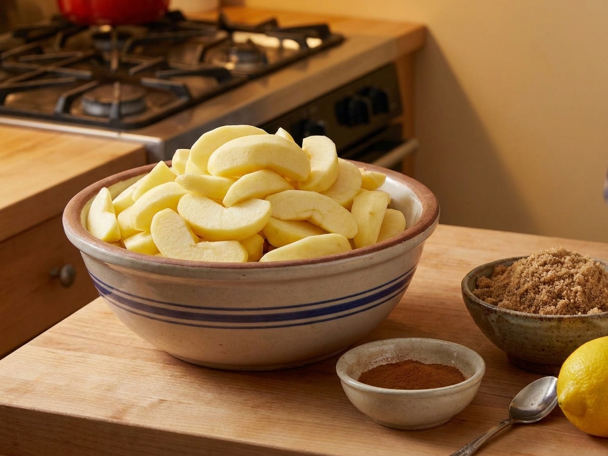 Peeled apple slices piled in a large mixing bowl on a kitchen counter, ready to be seasoned for apple crisp