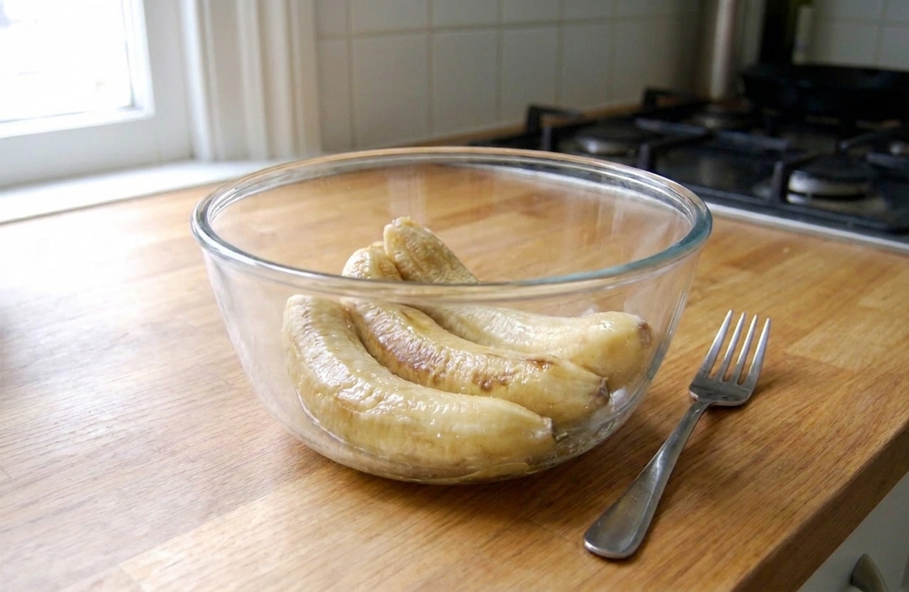 Peeled bananas in a microwave-safe bowl with a fork nearby on a kitchen counter