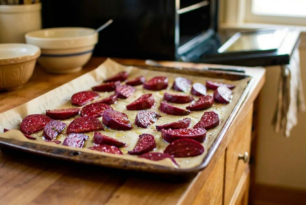 Peeled beetroot wedges tossed with olive oil and salt spread in a single layer on a parchment lined sheet pan