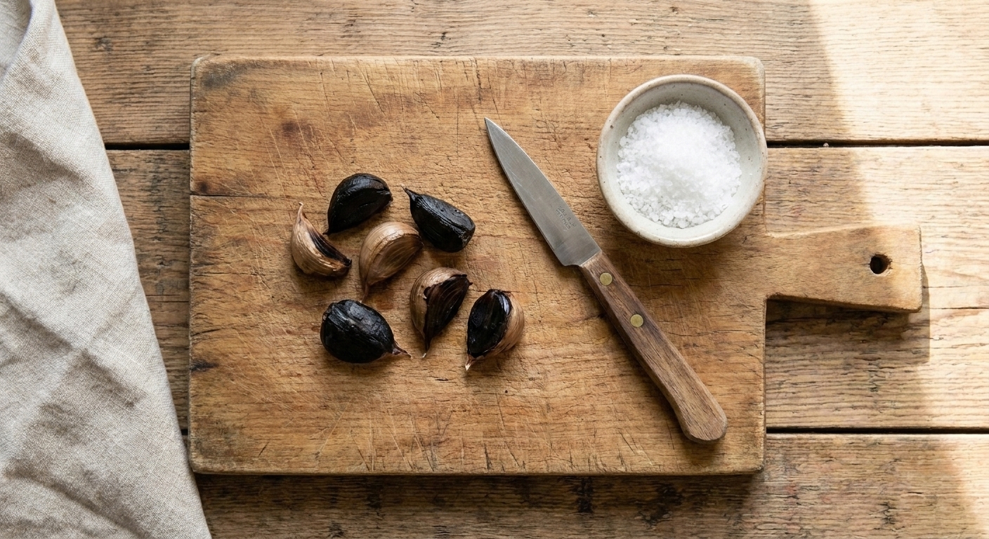Peeled black garlic cloves on a wooden cutting board next to a small knife and a pinch bowl of salt on a bright kitchen counter