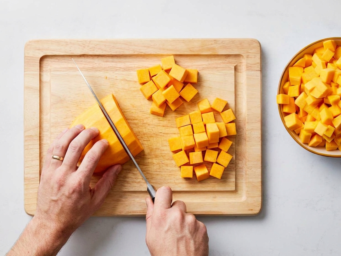 Peeled butternut squash being cut into even cubes on a wooden cutting board with a chef’s knife
