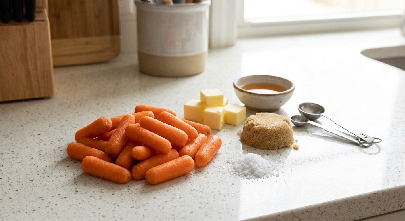 Peeled carrots, butter cubes, brown sugar, salt, and a small bowl of vinegar arranged on a light stone kitchen counter with measuring spoons nearby