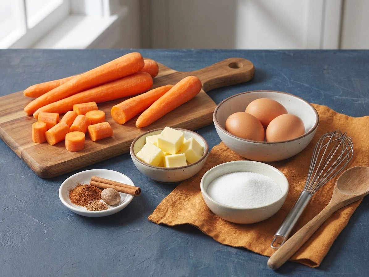 Peeled carrots, butter, eggs, sugar, and spices arranged on a bright kitchen counter with soft natural light
