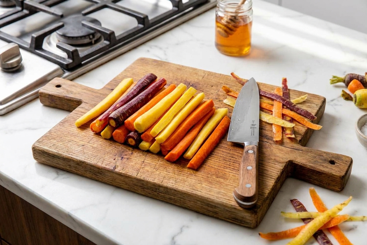 Peeled carrots cut into sticks on a wooden cutting board with a chef’s knife nearby