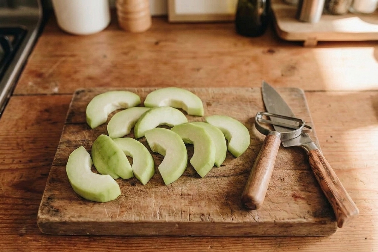 Peeled chayote squash cut into half-moons on a wooden cutting board with pale green flesh visible