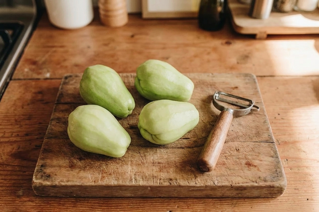 Peeled chayote squash on a wooden cutting board with a vegetable peeler nearby in a bright kitchen