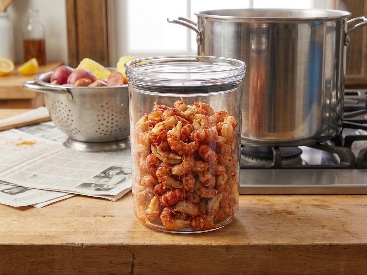 Peeled cooked crawfish tails stored in a glass airtight container on a kitchen counter
