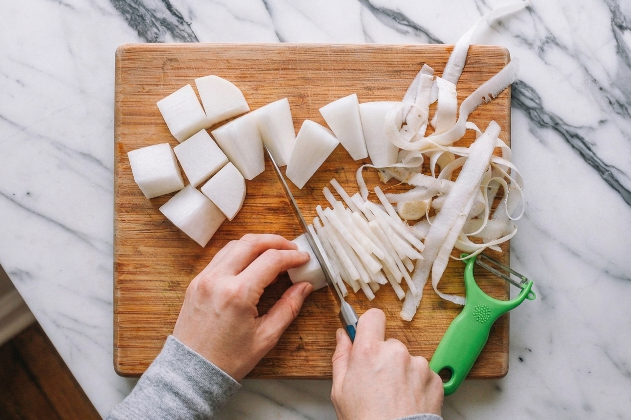 Peeled daikon being sliced into thin matchsticks on a cutting board with a chef's knife