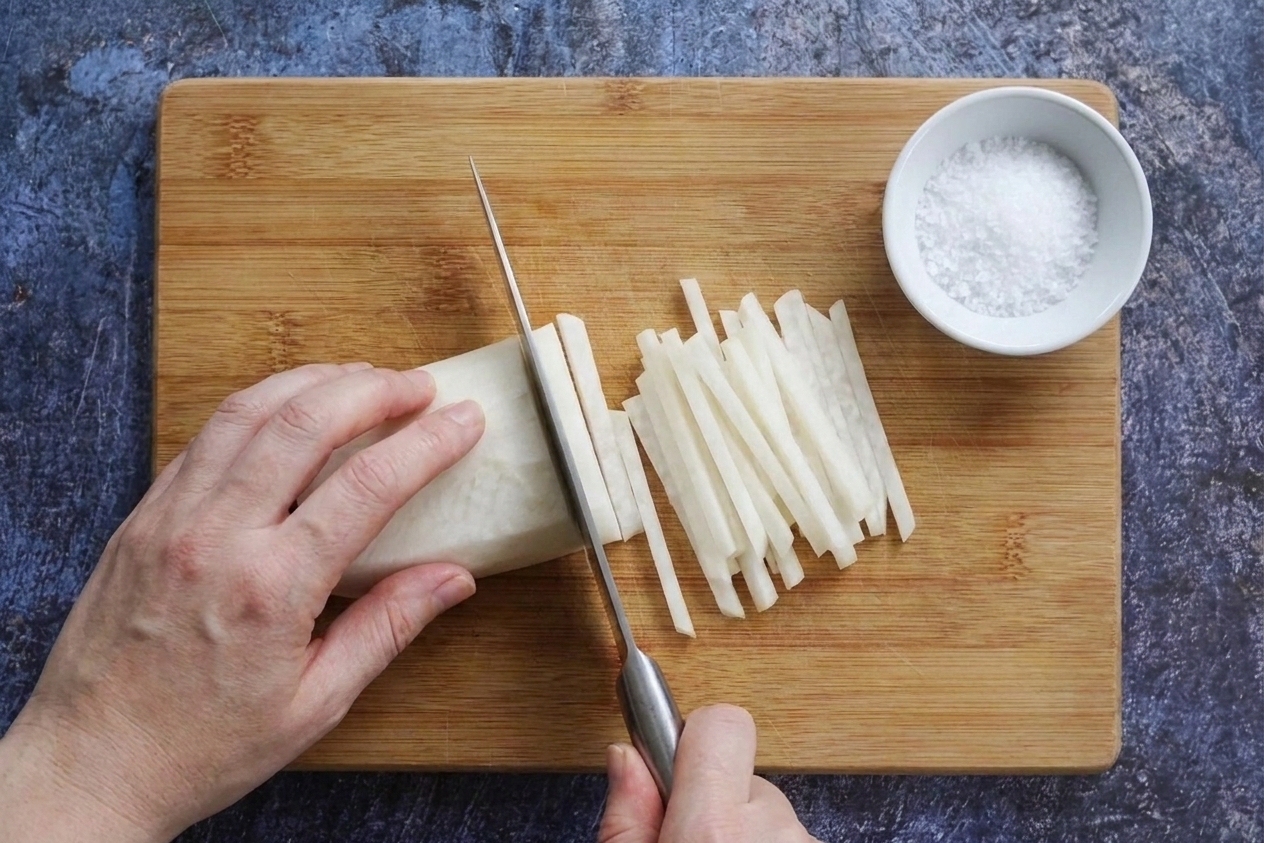 Peeled daikon being sliced into thin matchsticks on a wooden cutting board