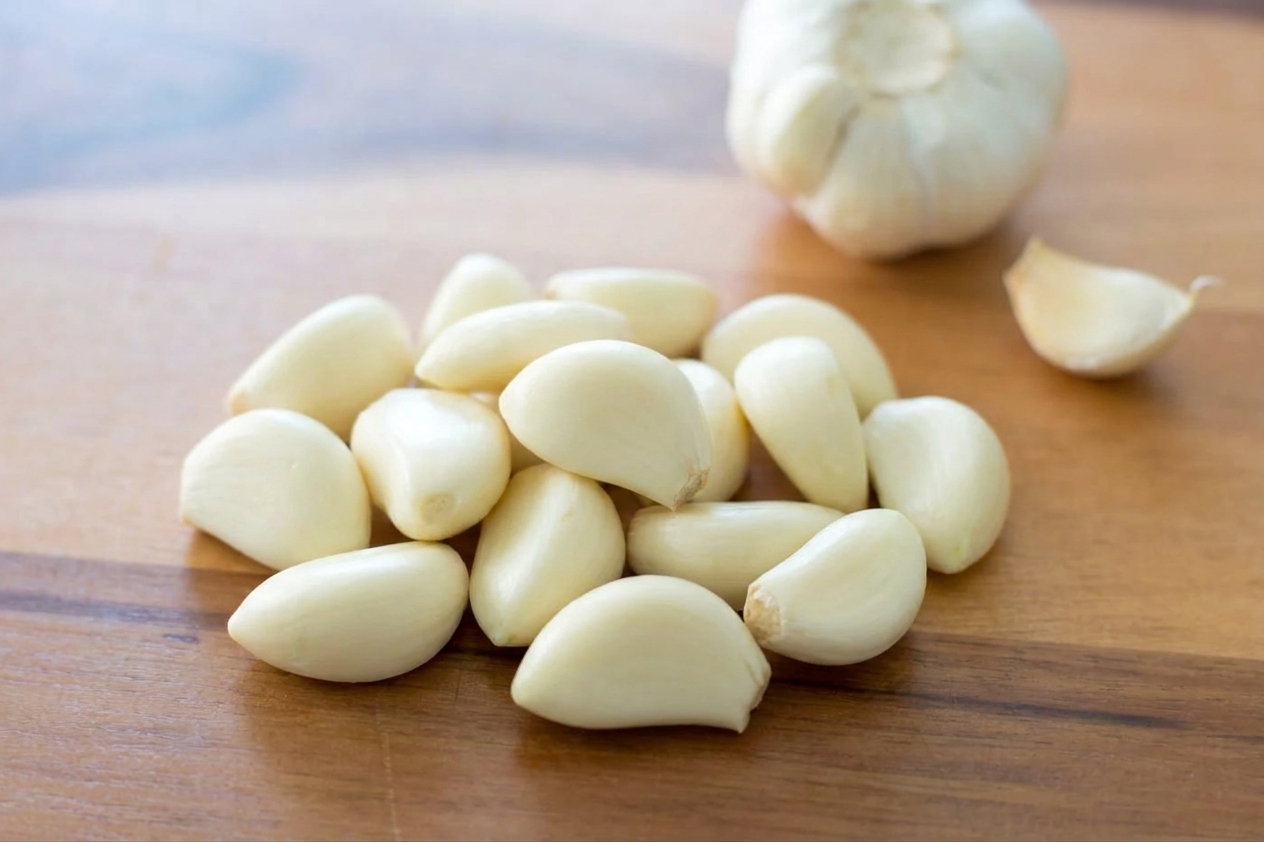 Peeled garlic cloves on a wooden cutting board