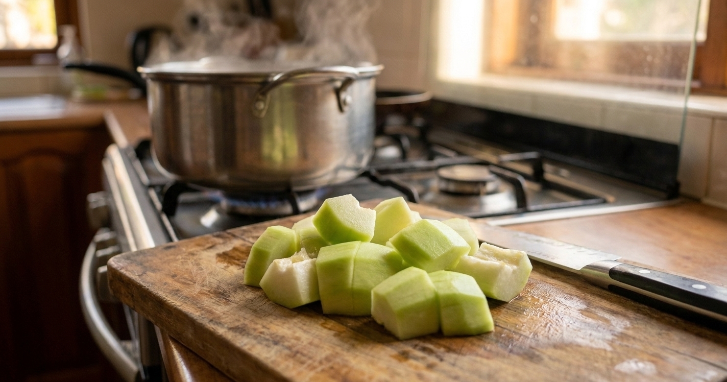 Peeled green papaya cut into chunks on a wooden cutting board beside a chef’s knife, with a pot on the stove in the background