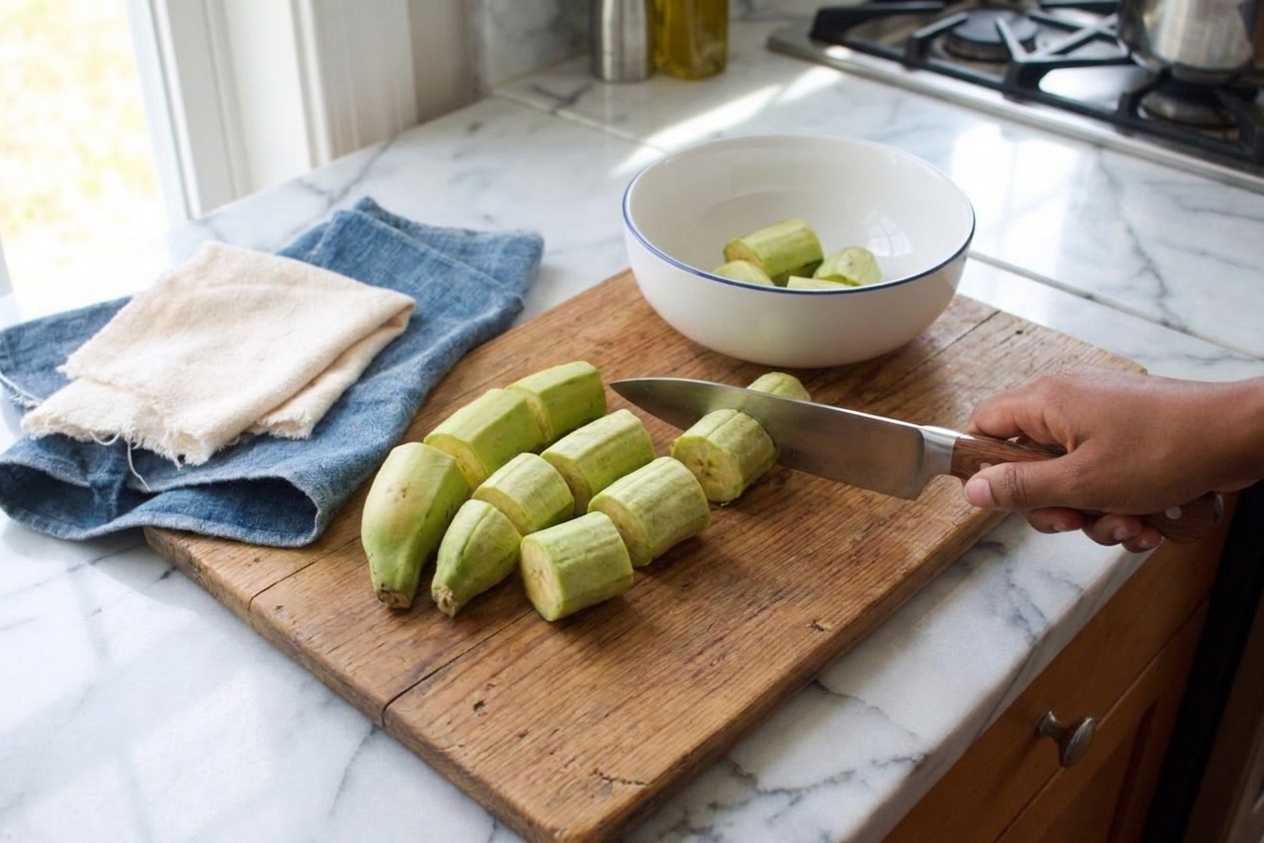 Peeled green plantains cut into chunks on a cutting board with a knife and a bowl nearby
