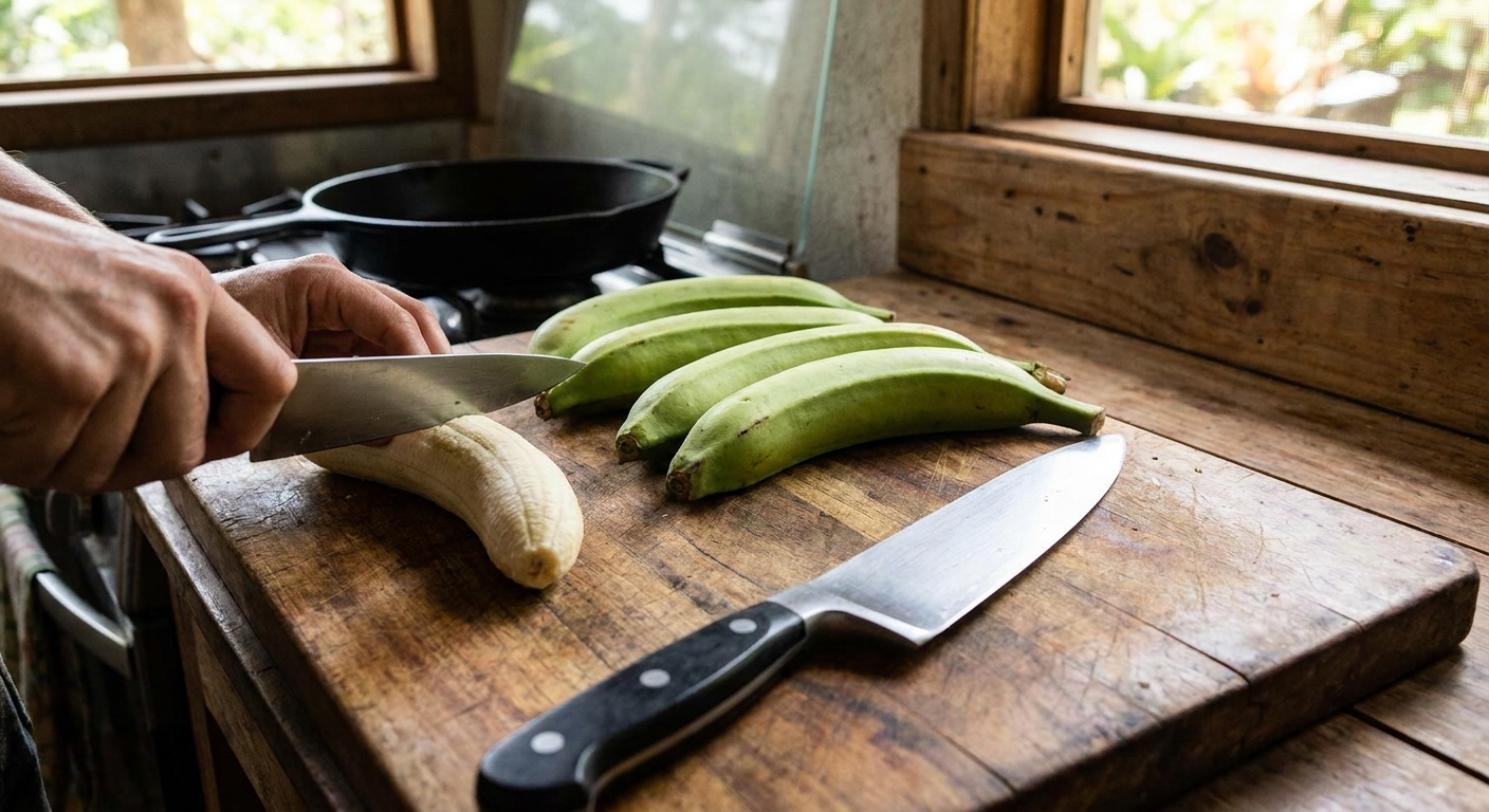 Peeled green plantains on a wooden cutting board with a chef's knife, ready to be sliced for frying