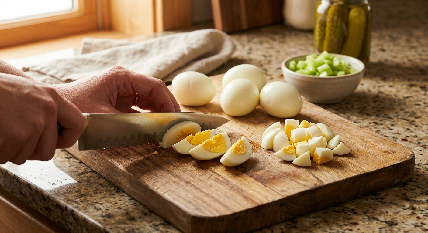 Peeled hard-boiled eggs on a cutting board with a knife ready to chop