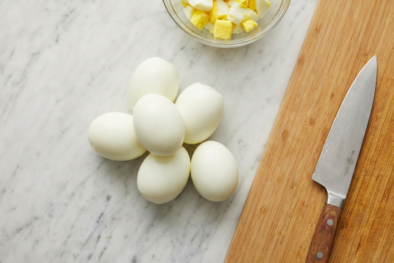 Peeled hard boiled eggs ready to be chopped