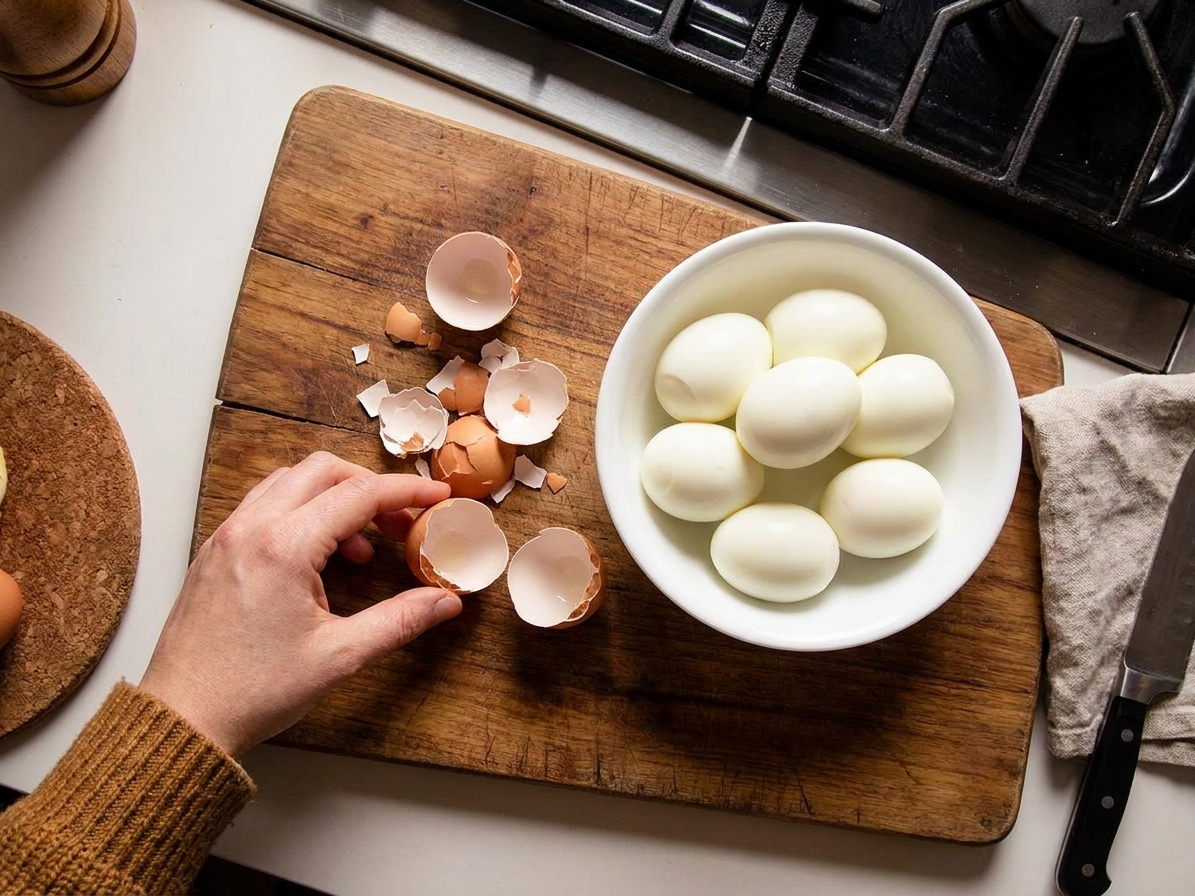 Peeled hard-boiled eggs resting in a bowl next to cracked shells on a cutting board