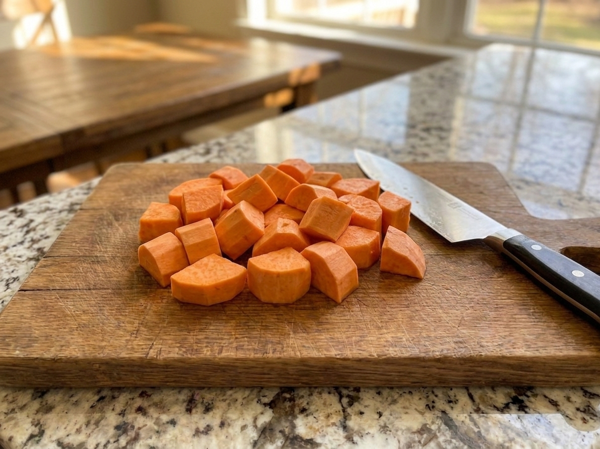 Peeled orange yams cut into even chunks on a cutting board beside a chef's knife in a home kitchen