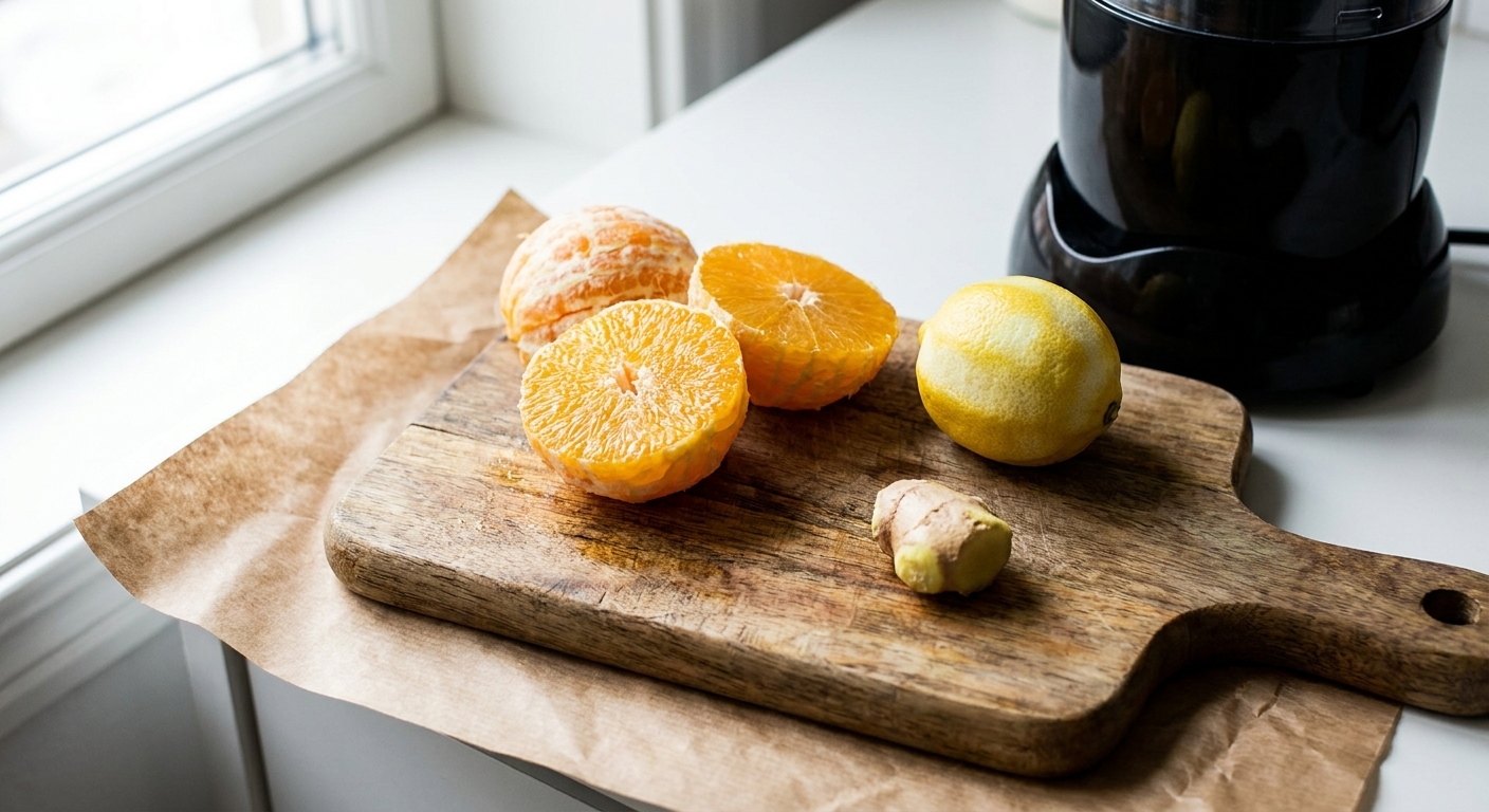 Peeled oranges and lemon with a small knob of peeled ginger on a cutting board next to a blender base on a bright kitchen counter