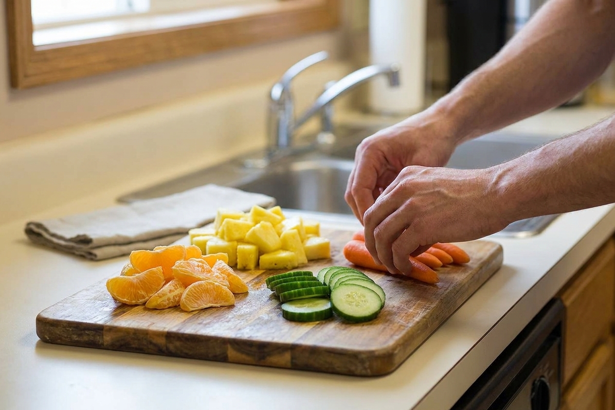 Peeled oranges, chopped pineapple, sliced cucumber, and trimmed carrots arranged on a wooden cutting board on a kitchen counter