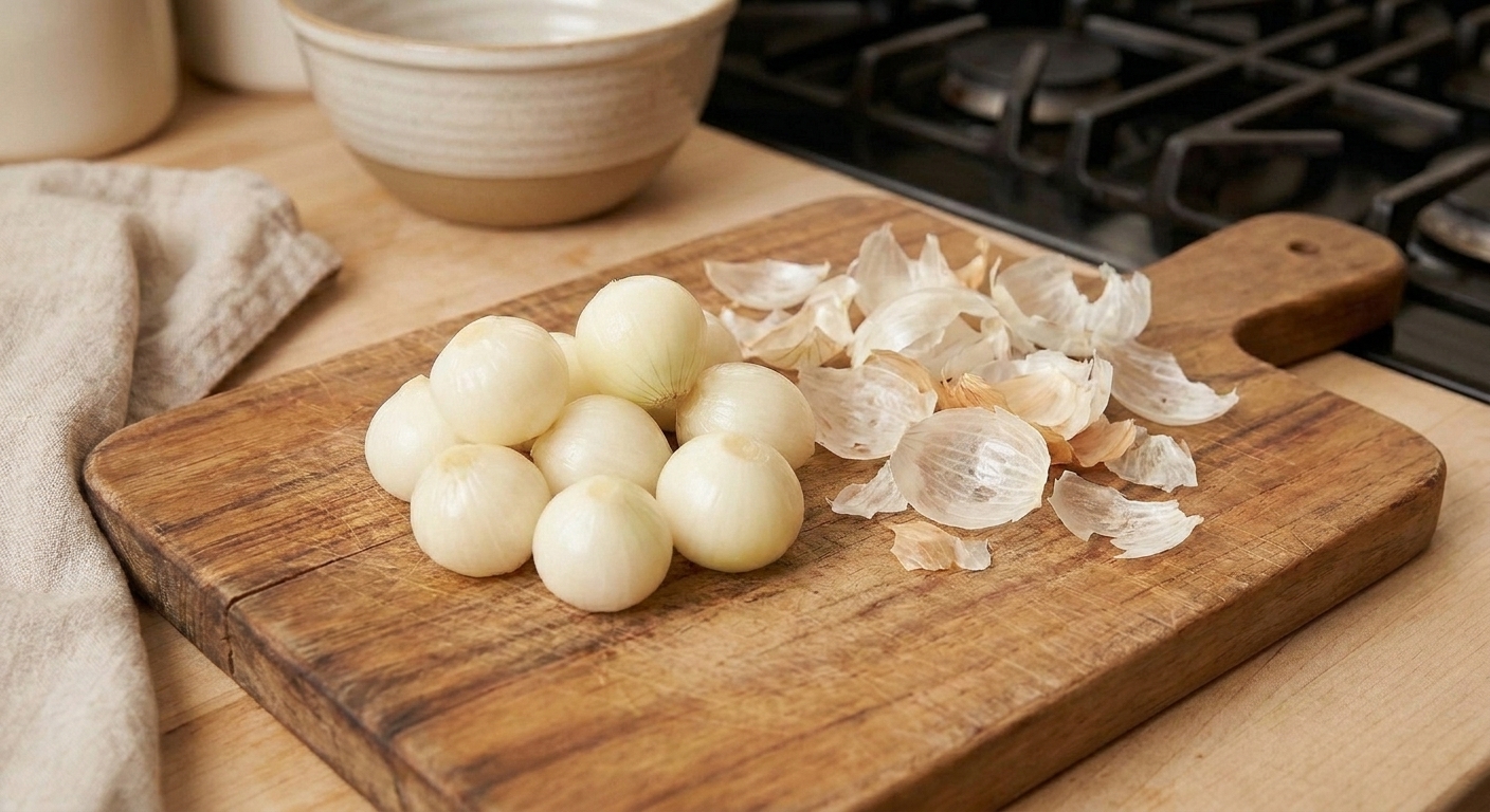 Peeled pearl onions on a cutting board with loosened skins nearby