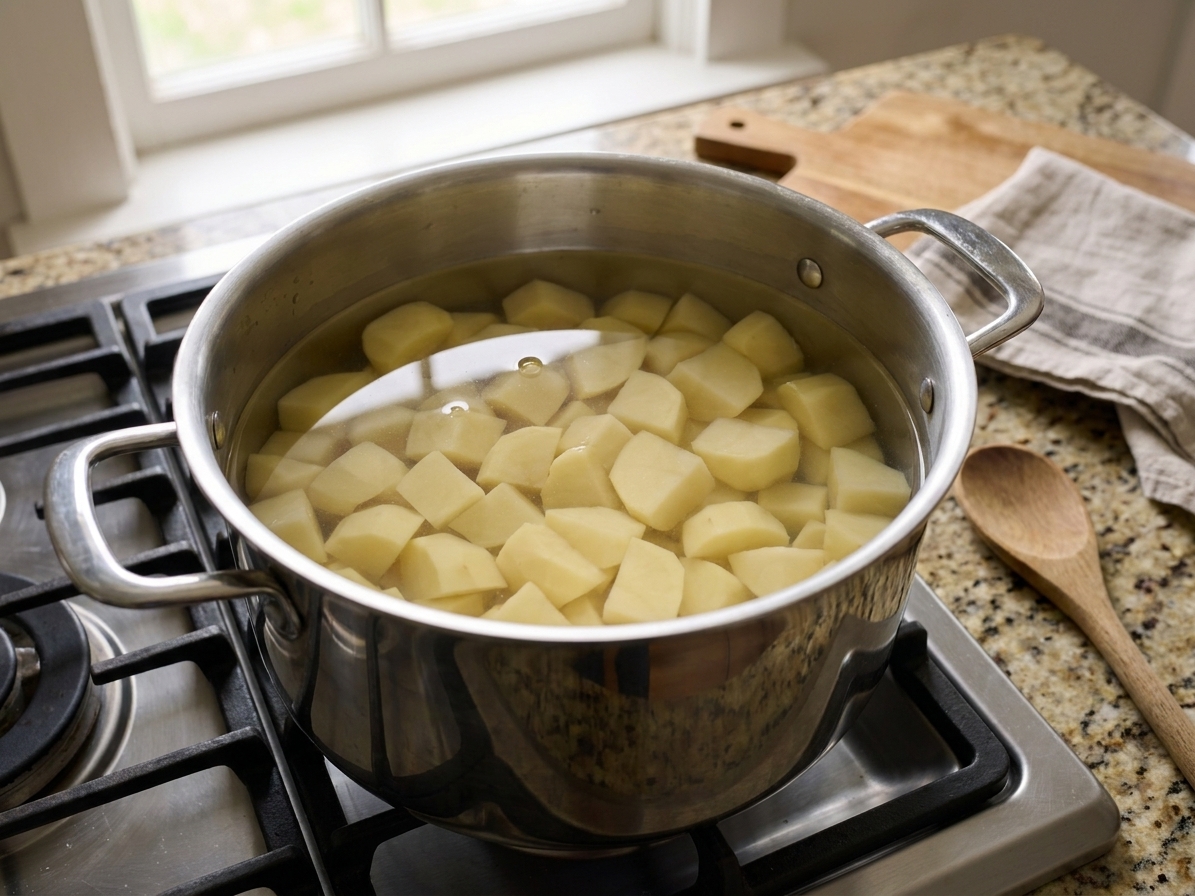 Peeled potato chunks in a large pot filled with cold water on a stovetop before cooking