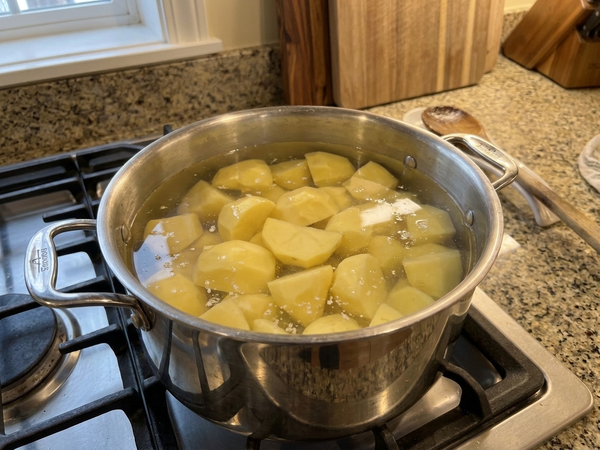 Peeled potato chunks in a large pot filled with cold salted water on a stovetop, ready to boil in a home kitchen