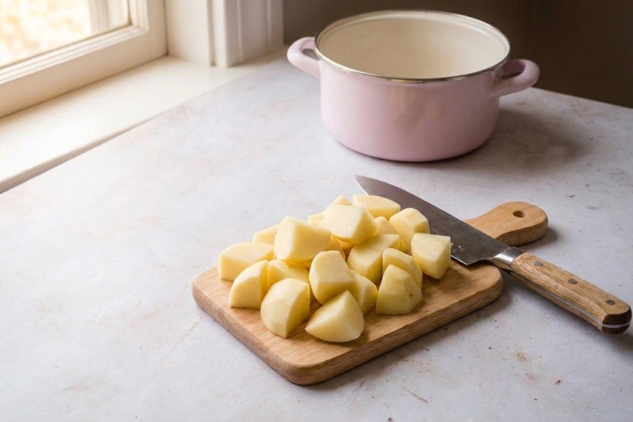 Peeled potato chunks on a wooden cutting board next to a chef's knife on a bright kitchen counter